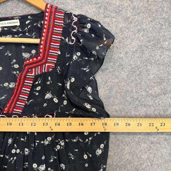 Ulla Johnson Anosha 100% Silk Blouse Womens 6 Floral Ruffle Cap Black Red Top - Picture 7 of 10